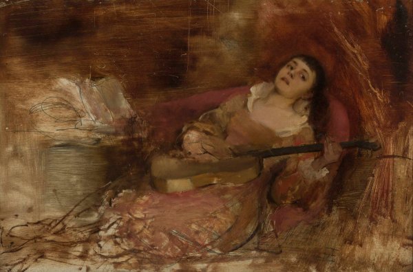 Woman with a guitar by Szymon Buchbinder - Hand-Painted Oil Painting Reproduction