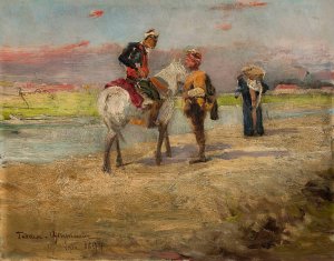 Eastern scene against a landscape by Tadeusz Ajdukiewicz Oil Painting