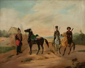 Three horsemen on the road by Tadeusz Brodowski Oil Painting