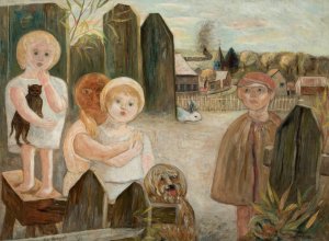 Children in a village backyard by Tadeusz Makowski Oil Painting