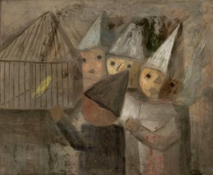 Children in front of a cage with a canary by Tadeusz Makowski Oil Painting