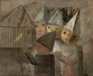 Children in front of a cage with a canary by Tadeusz Makowski Oil Painting