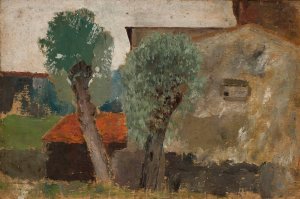 Fragment of a house with two trees by Tadeusz Makowski Oil Painting