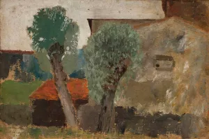 Fragment of a house with two trees by Tadeusz Makowski Oil Painting