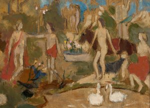 Garden scene with figures and swans by Tadeusz Makowski Oil Painting