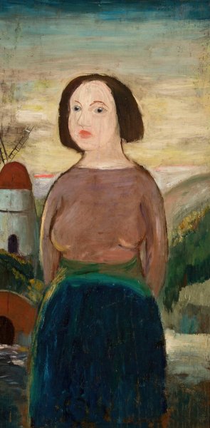 Girl against the background of a landscape with a windmill by Tadeusz Makowski Oil Painting