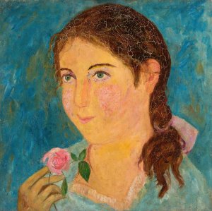 Girl holding a rose in her hand by Tadeusz Makowski Oil Painting