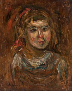 Little girl with a red ribbon by Tadeusz Makowski Oil Painting