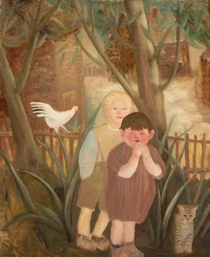 Two children with a cat Oil painting by Tadeusz Makowski