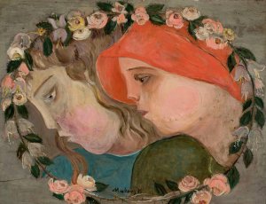 Two heads of little girls in a garland of flowers by Tadeusz Makowski Oil Painting