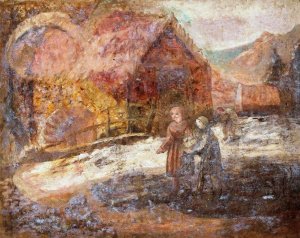 Two little girls against the background of a landscape by Tadeusz Makowski Oil Painting
