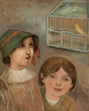 Two little girls beside a cage with a canary by Tadeusz Makowski Oil Painting