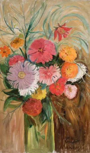 Zinnias and asters in a glass jar Oil painting by Tadeusz Makowski