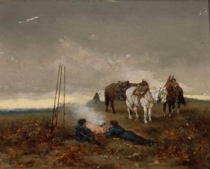 Cossacks keeping watch by Tadeusz Rybkowski Oil Painting