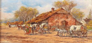 Horses and Carts in a Polish Village by Tadeusz Rybkowski Oil Painting
