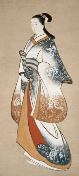 Standing prostitute wearing a kimono decorated with calligraphy by Takizawa Shigenobu Oil Painting