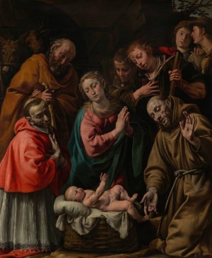 Adoration of the Shepherds with Saints Francis and Saint Carlo Borromeo by Tanzio Da Varallo Oil Painting
