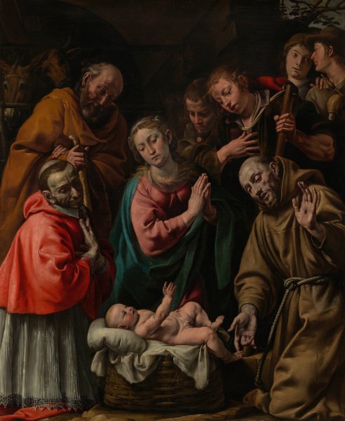 Adoration of the Shepherds with Saints Francis and Saint Carlo Borromeo  by Tanzio Da Varallo - Hand-Painted Oil Painting Reproduction