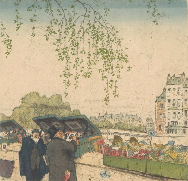 Boekhandelaar op een kade in Parijs  by Tavik Frantisek Simon - Hand-Painted Oil Painting Reproduction