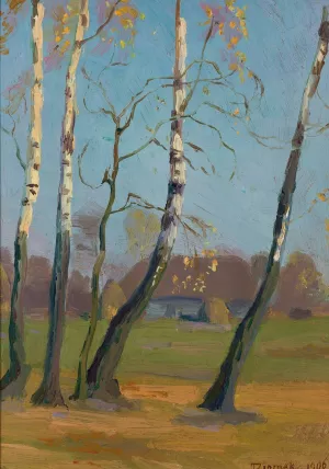 Birch trees near a village by Teodor Ziomek Oil Painting