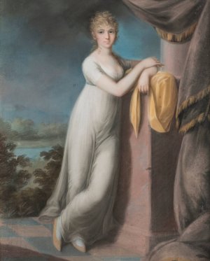Portrait of a young lady leaning against a pedestal, a landscape beyond by Teodoro Matteini Oil Painting