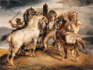 Horse Market: Five Horses at the Stake by Theodore Gericault - Oil Painting Reproduction