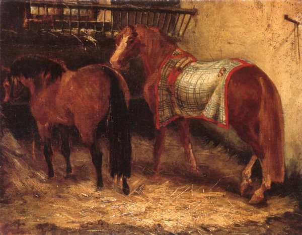 Two Horses in a Stable by Theodore Gericault - Hand-Painted Oil Painting Reproduction