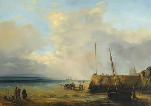 Fishermen at the harbour wall, low tide by Theodore Gudin Oil Painting