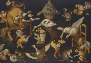 A Grotesque Scene With Animals Playing And A Dog Wrapped In Swaddling Clothes by The Master Of The Fertility Of The Egg Oil Painting