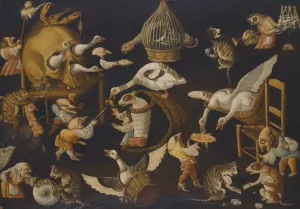 A Grotesque Scene With Animals Playing And A Dog Wrapped In Swaddling Clothes by The Master Of The Fertility Of The Egg Oil Painting