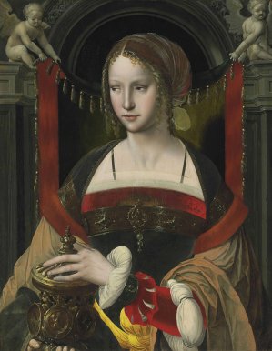Saint Mary Magdalene Before A Curtain Supported By Angels In An Architectural Niche by The Master Of The Parrot Oil Painting
