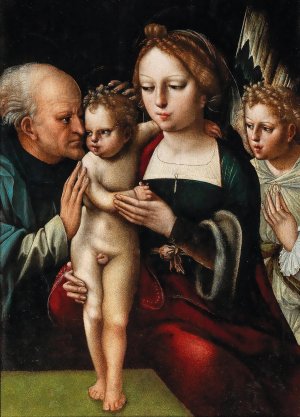 The Madonna and Child, with Saint Eligius and an Angel by The Master Of The Parrot Oil Painting