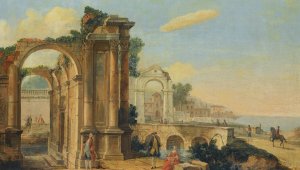 A Capriccio Coastal Landscape With Figures Beneath Ruins by The Pseudo Battaglioli Oil Painting
