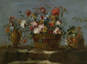 Still Life Of A Basket Of Flowers On A Rock Ledge by The Pseudo-Guardi Oil Painting