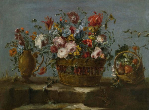 Still Life Of A Basket Of Flowers On A Rock Ledge by The Pseudo-Guardi - Hand-Painted Oil Painting Reproduction