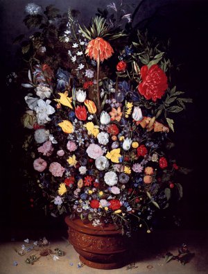 A Still Life of a Bouquet of Flowers in a Glazed Terracotta Pot Including Tulips, Roses, Daffodils in a Crown Imperial Fritillary