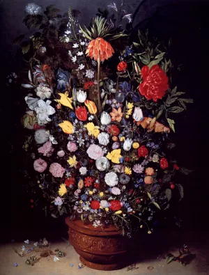 A Still Life of a Bouquet of Flowers in a Glazed Terracotta Pot Including Tulips, Roses, Daffodils in a Crown Imperial Fritillary by The Younger Brueghel - Oil Painting Reproduction