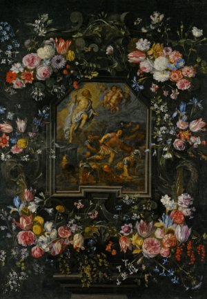Garlands of Flowers Surrounding a Stone Cartouche Inset with a Painting Depicting the Ressurection