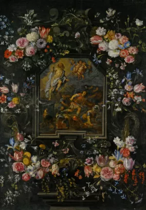 Garlands of Flowers Surrounding a Stone Cartouche Inset with a Painting Depicting the Ressurection painting by The Younger Brueghel
