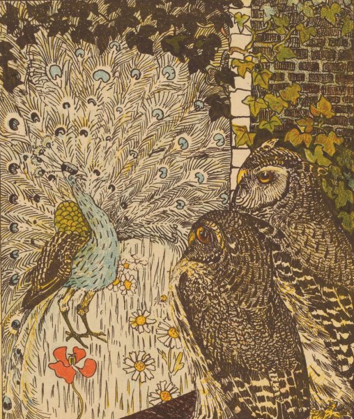Main Product Photo of Peacock And Two Owls  Painting by Theo Van Hoytema