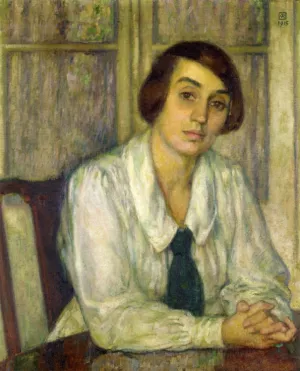 Portrait of Elizabeth van Rysselberghe, Seated with Her Hands on the Table Oil painting by Theo Van Rysselberghe