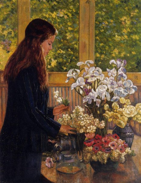 Main Product Photo of Young Girl with a Vase of Flowers Painting by Theo Van Rysselberghe