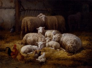 Sheep and Chickens in a Farm Interior