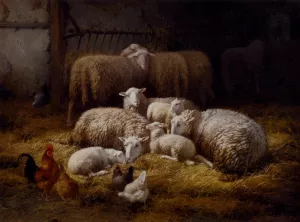 Sheep and Chickens in a Farm Interior by Theo Van Sluys Oil Painting