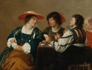 A woman and three men seated around a table playing cards by Theodoor Rombouts Oil Painting