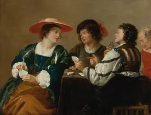 A woman and three men seated around a table playing cards by Theodoor Rombouts Oil Painting