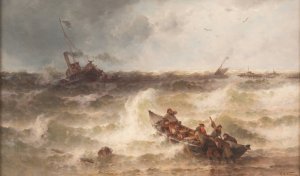Shipwreck by the pier by Theodor Alexander Weber Oil Painting