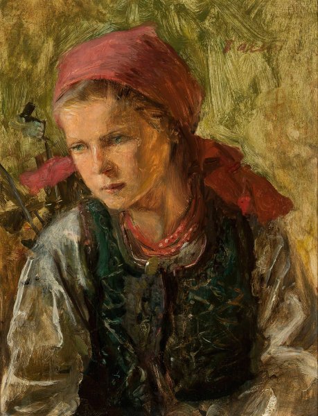 Peasant girl in a scarf by Teodor Axentowicz - Hand-Painted Oil Painting Reproduction