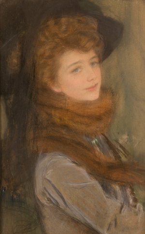 Portrait of a Woman in a Fox Fur Collar by Teodor Axentowicz Oil Painting