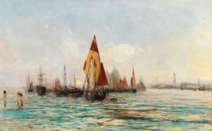 Fishing Boats near Venice by Theodor Freiherr Von Ehrmanns Oil Painting
